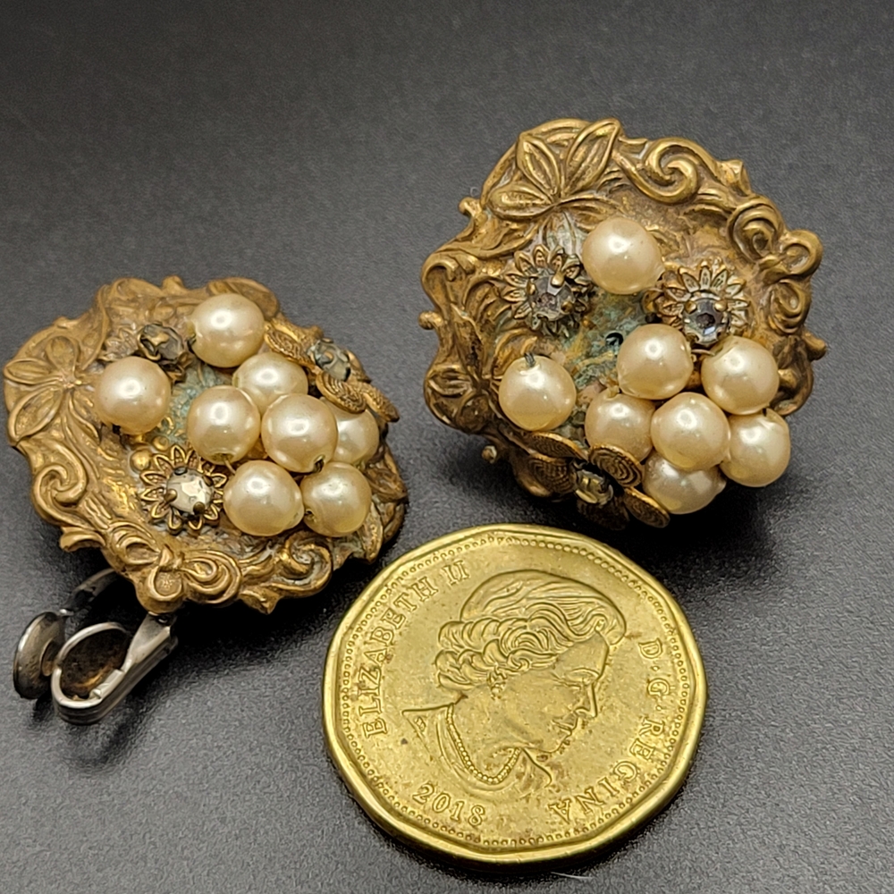 Vintage Art Nouveau Brass Faux Cluster Pearl Sterling Clip-On Earrings *AS-IS* - Picture 11 of 15